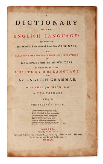 JOHNSON, SAMUEL. A Dictionary of the English Language . . . Second Edition.  2 vols.  1755-56